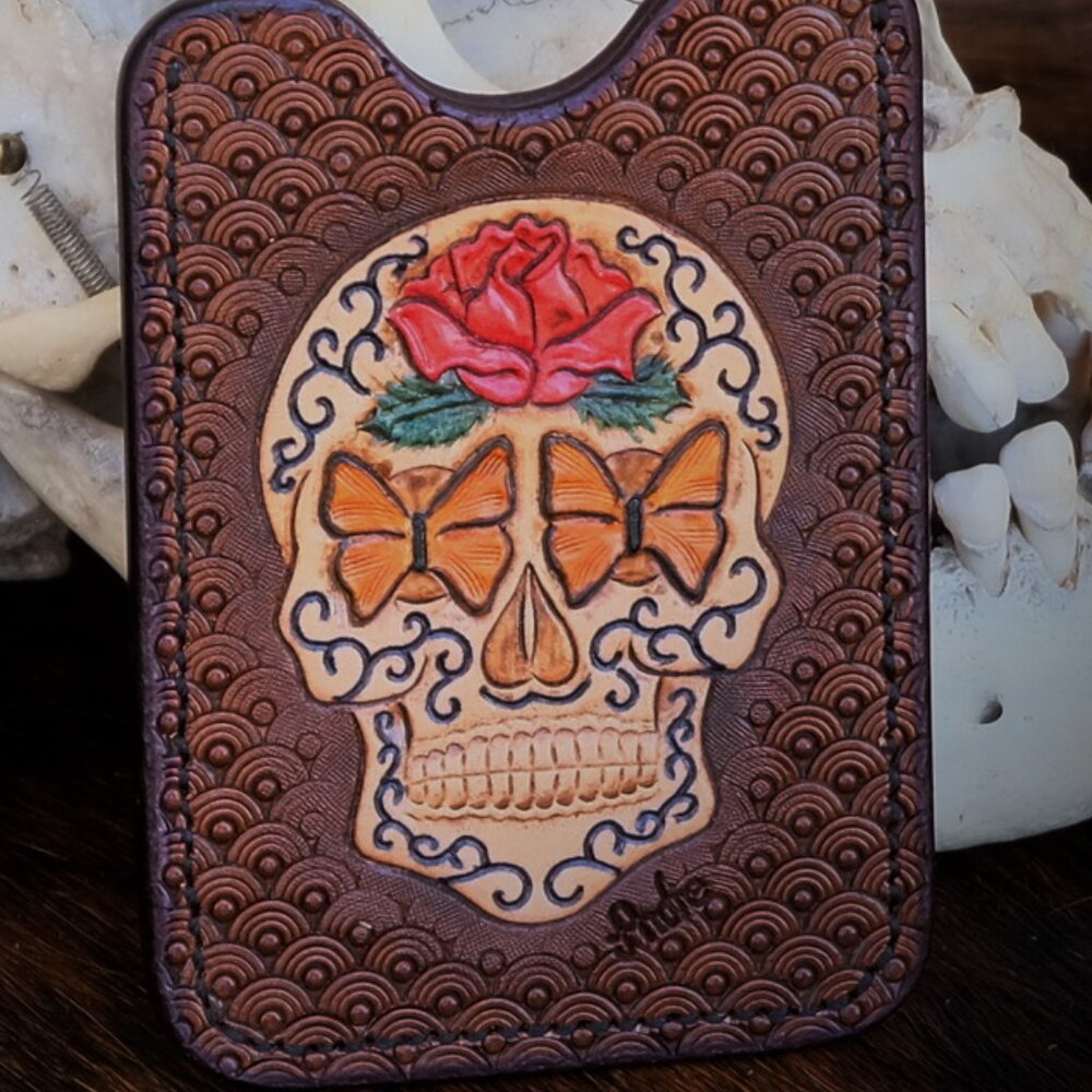 Hand Tooled Sugar Skull Carved Leather Pocket Money & Card Holder